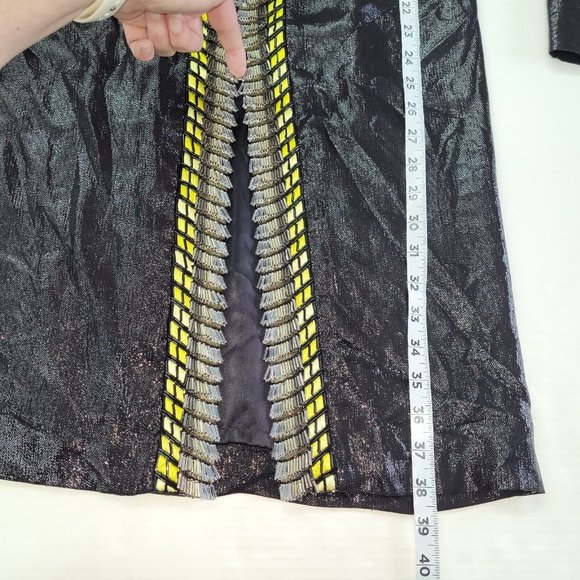 Kora Rae Robe Dress Womens S Embroidered Beaded Zip Front Long Sleeve Black Lame - Picture 10 of 12